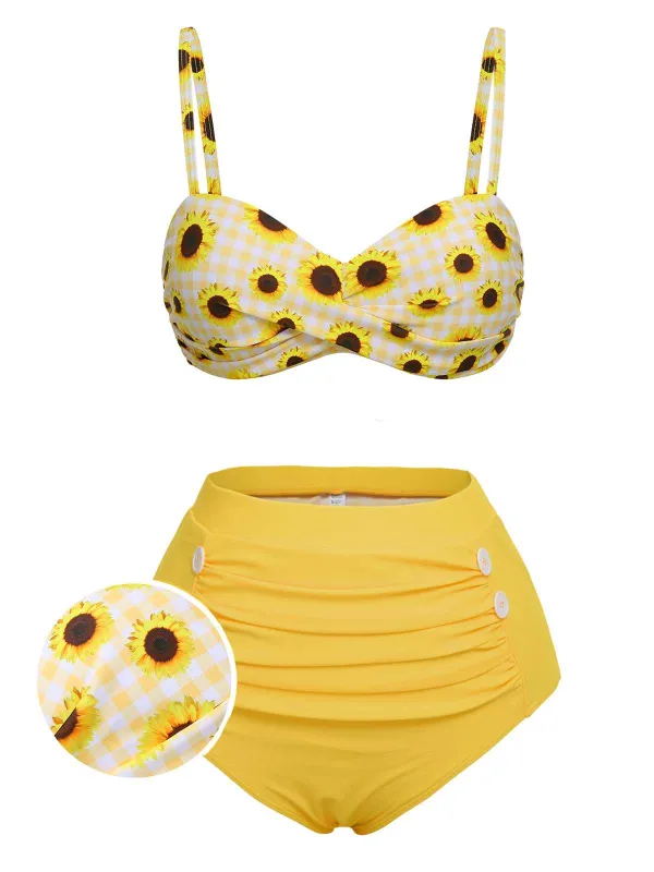 Yellow 1950s Spaghetti Strap Sunflower Plaids Swimsuit sold by Retro Stage
