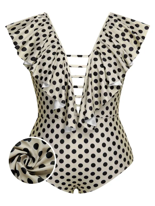 [Plus Size] Beige 1960s Polka Dot Ruffles One-Piece Swimsuit sold by Retro Stage