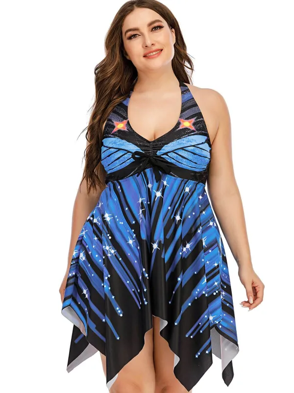 [Plus Size] Blue 1960s Halter One-Piece Skirt Swimsuit sold by Retro Stage