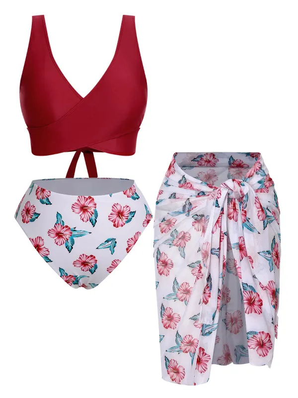 [Plus Size] Wine Red 1930s Floral Bikini Set & Cover-Up sold by Retro Stage