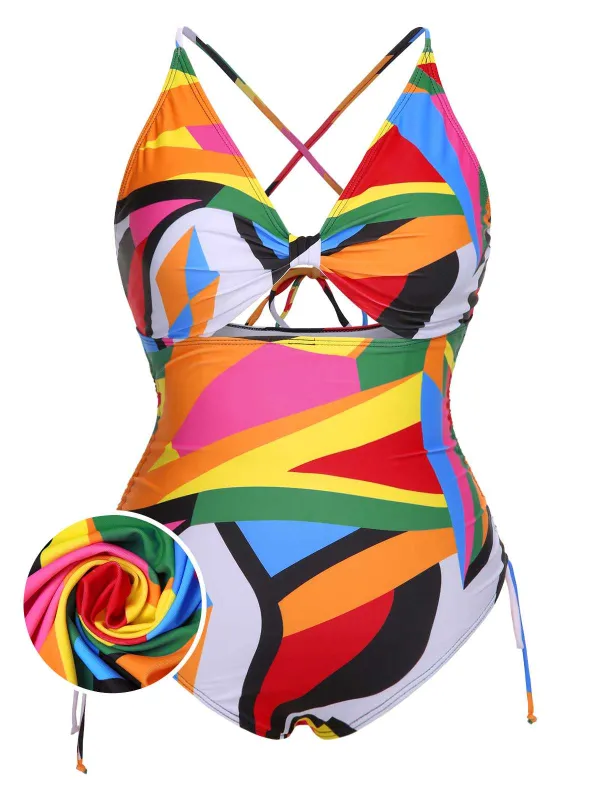 [Plus Size] Multicolor 1940s Print One-Piece Swimsuit sold by Retro Stage
