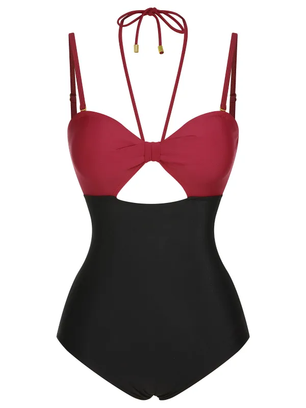 1950s Solid Cutout Halter Strap Swimsuit sold by Retro Stage