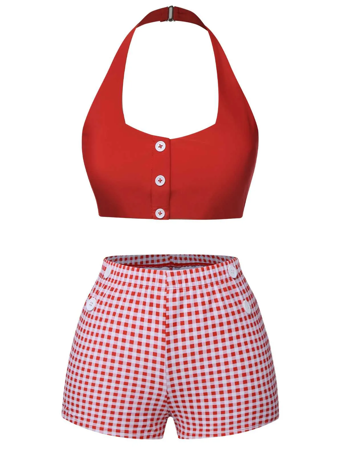 Red 1950s Halter Plaids Swimsuit sold by Retro Stage product image thumbnail 2