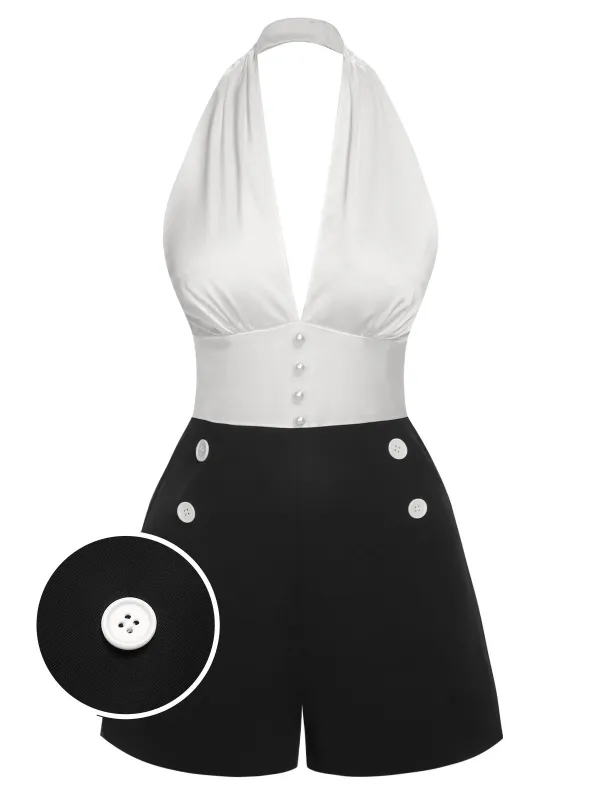 White & Black 1950s Deep-V Halter Romper sold by Retro Stage