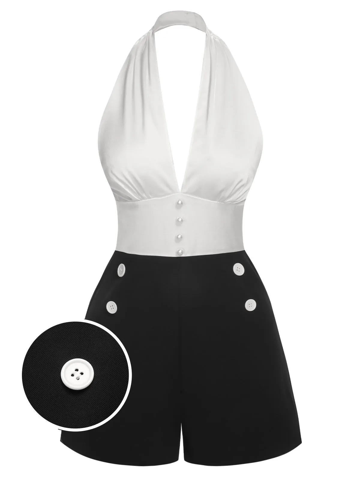 White & Black 1950s Deep-V Halter Romper sold by Retro Stage