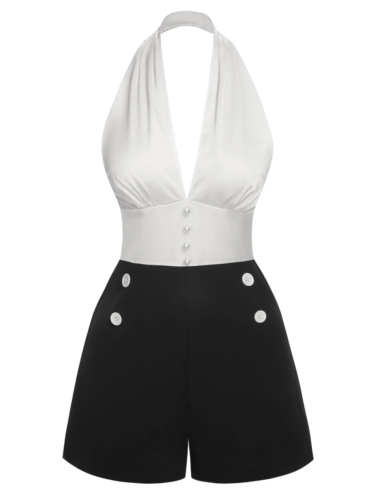 White & Black 1950s Deep-V Halter Romper sold by Retro Stage product image thumbnail 2