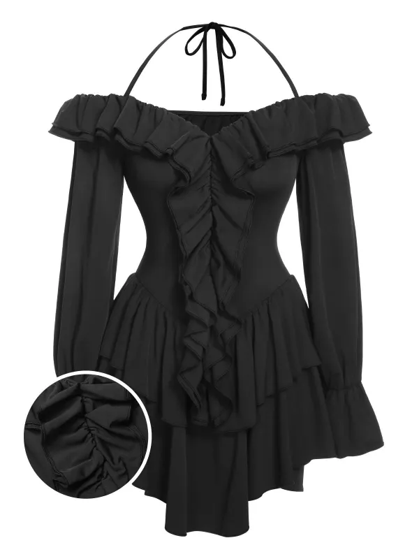 Black 1950s Solid Ruffle Off-Shoulder Romper sold by Retro Stage