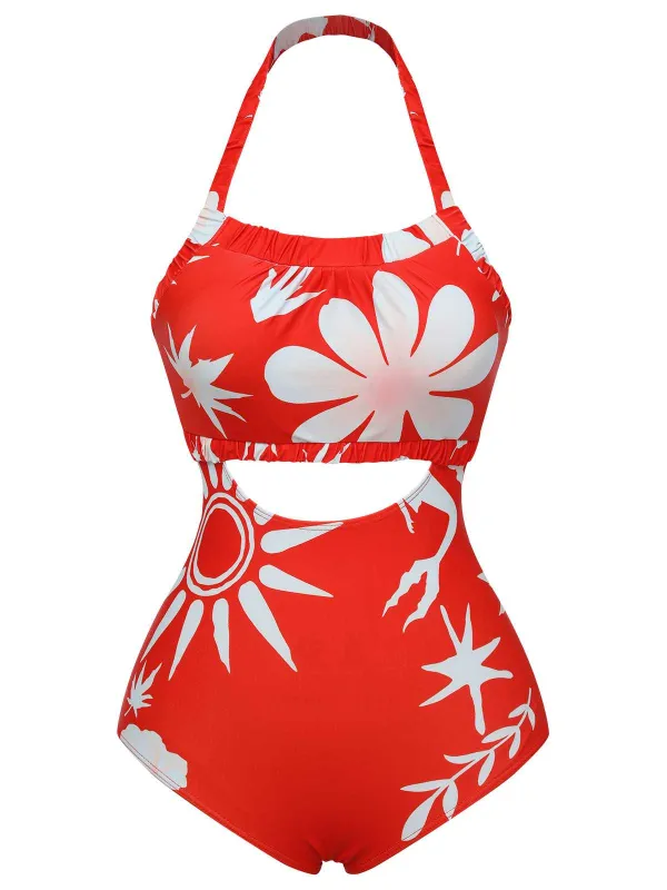 Red 1930s Halter Floral One-Piece Swimsuit sold by Retro Stage