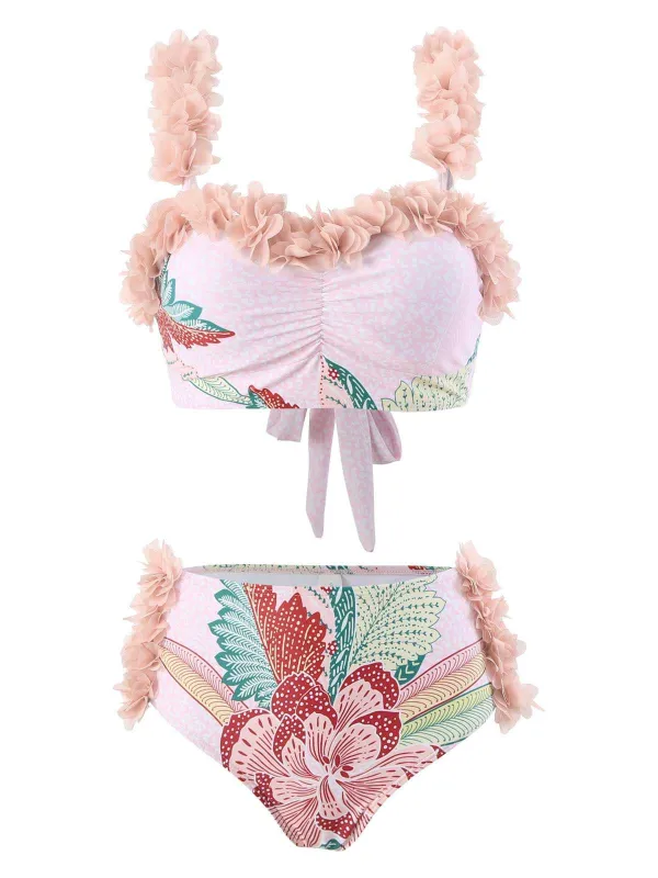 Pink 1950s Spaghetti Strap 3D Floral Swimsuit sold by Retro Stage