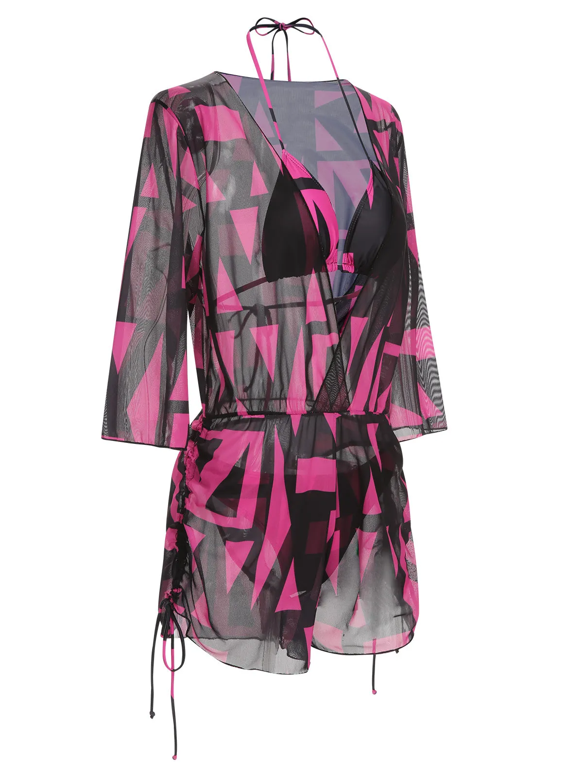 3PCS Rose Red 1960s Geometric Bikini Set & Cover-Up sold by Retro Stage product image thumbnail 2