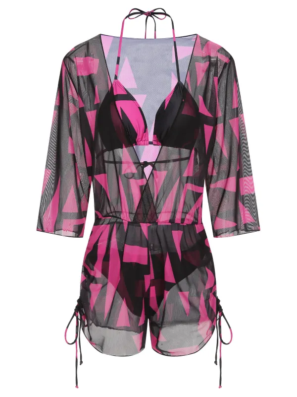 3PCS Rose Red 1960s Geometric Bikini Set & Cover-Up sold by Retro Stage