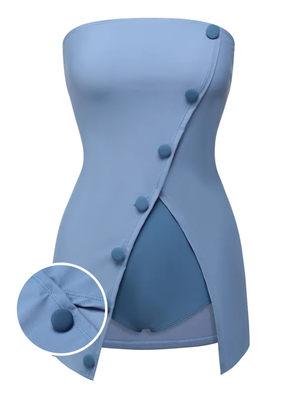 Blue 1930s Solid Buttoned Bandeau Swimsuit sold by Retro Stage