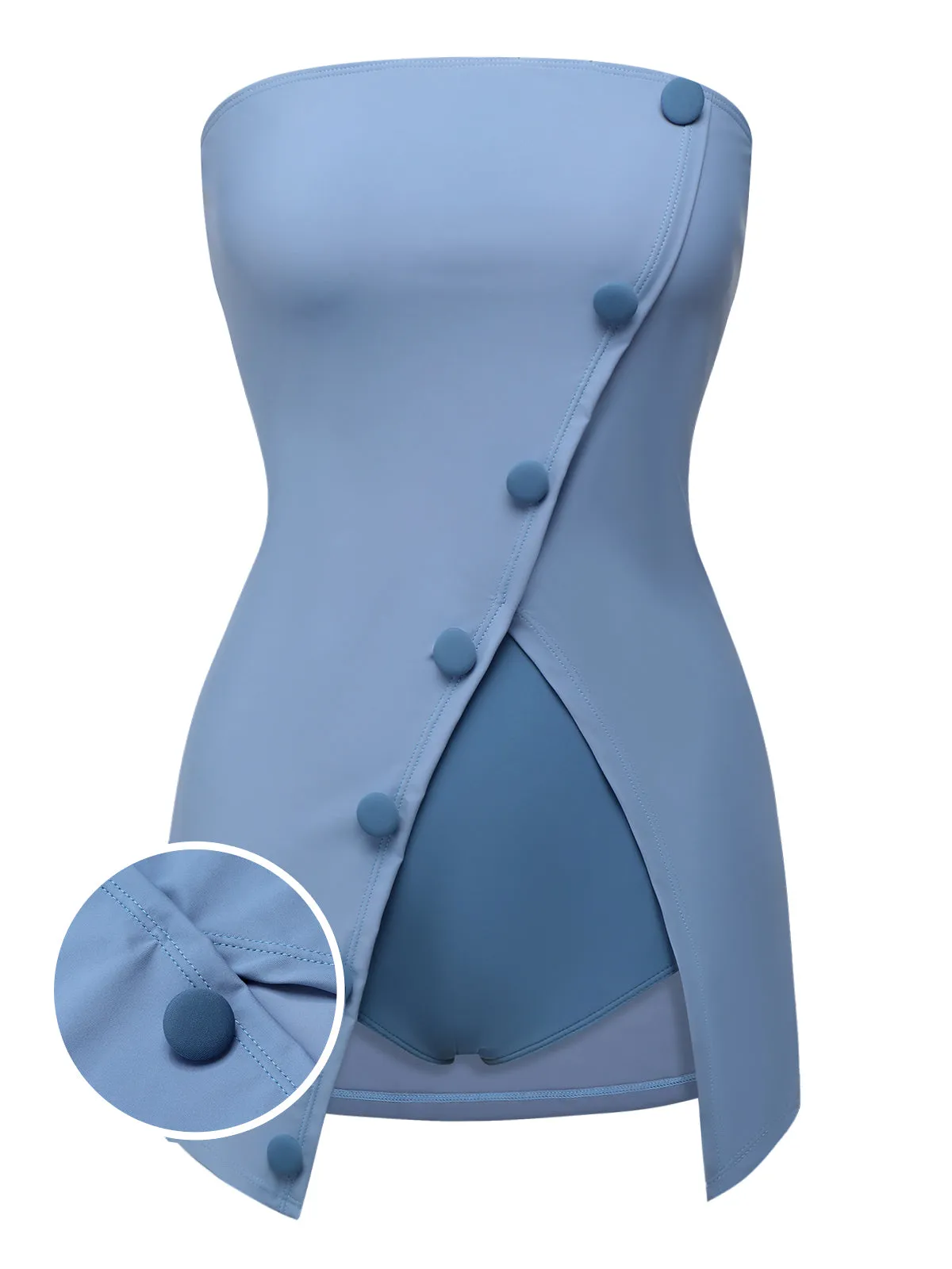 Blue 1930s Solid Buttoned Bandeau Swimsuit sold by Retro Stage