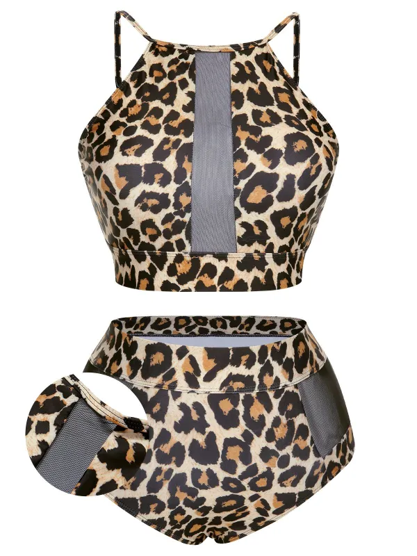 [Plus Size] 1940s Leopard Mesh Patchwork Swimsuit sold by Retro Stage