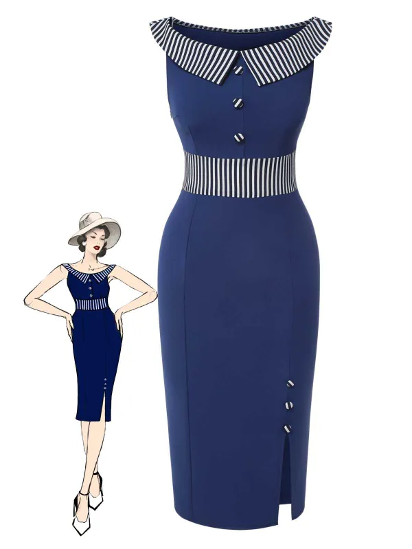 Dark Blue 1960s Buttoned Stripes Dress sold by Retro Stage
