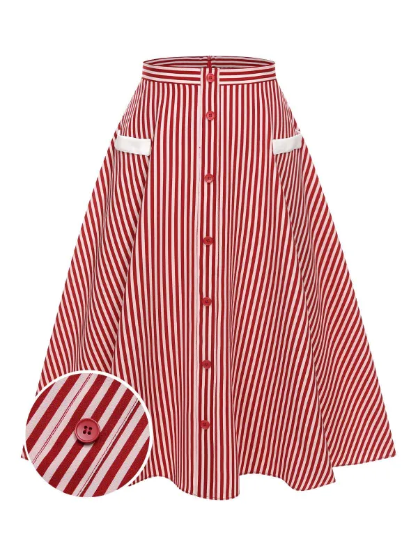 Red 1940s Buttoned Stripes Skirt sold by Retro Stage