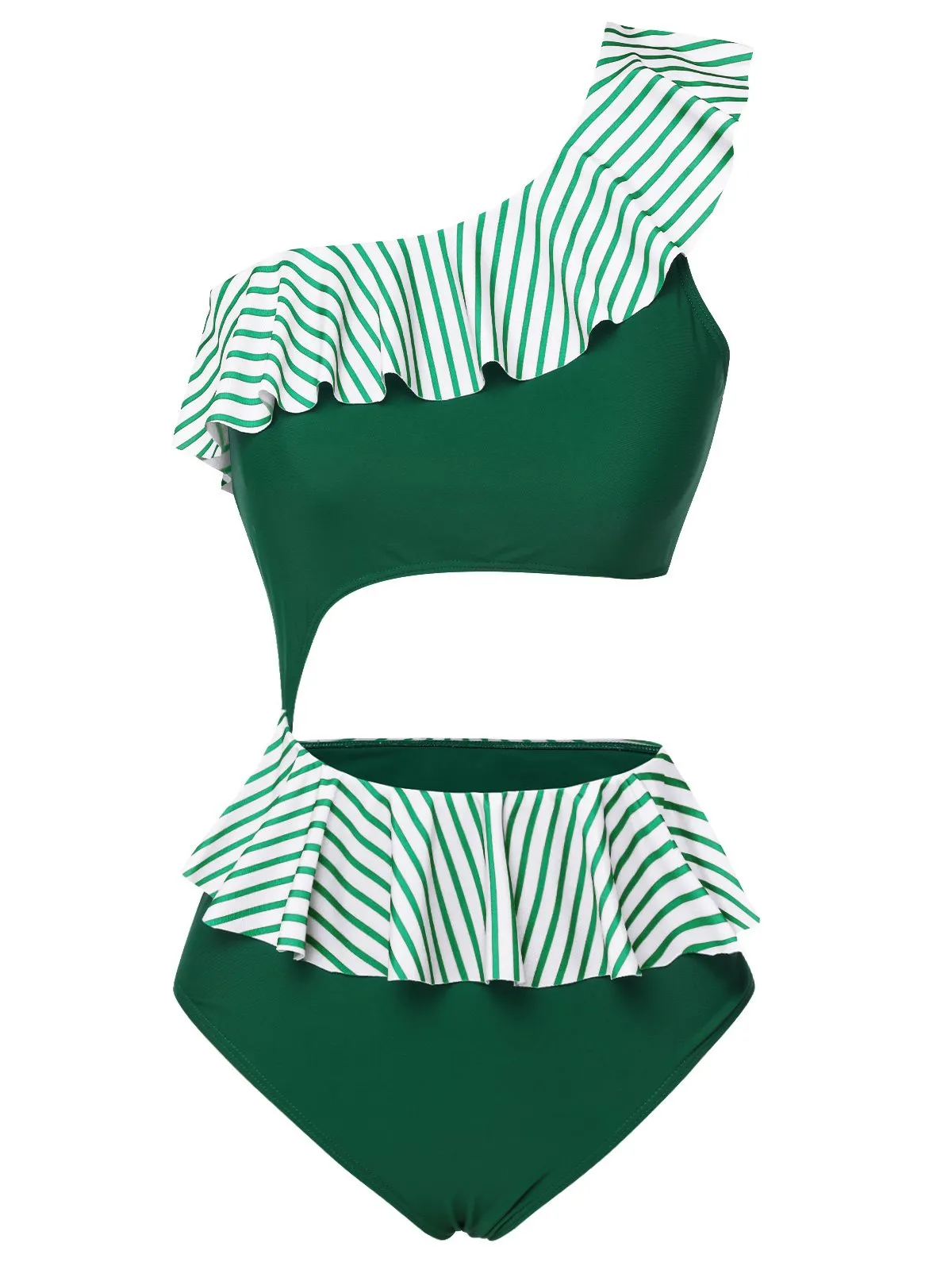 Dark Green 1940s Striped Ruffled Swimsuit sold by Retro Stage product image thumbnail 2