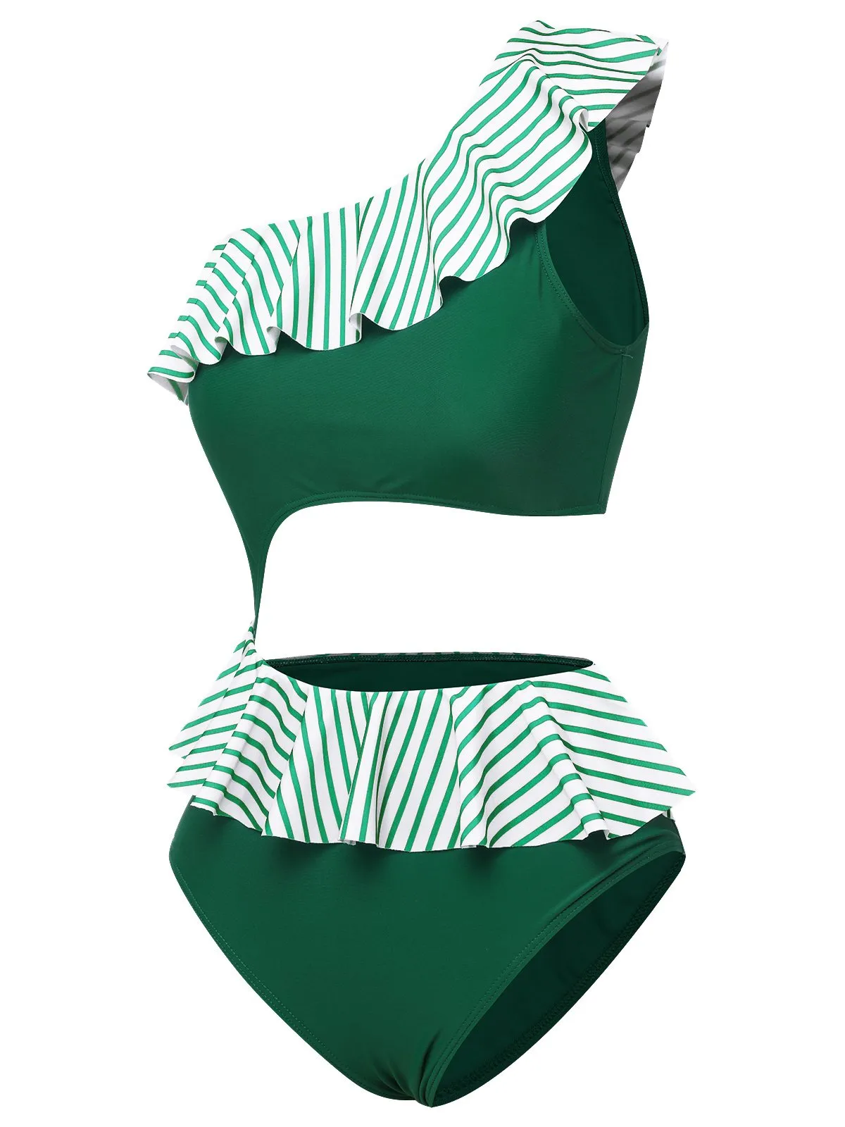 Dark Green 1940s Striped Ruffled Swimsuit sold by Retro Stage product image thumbnail 3