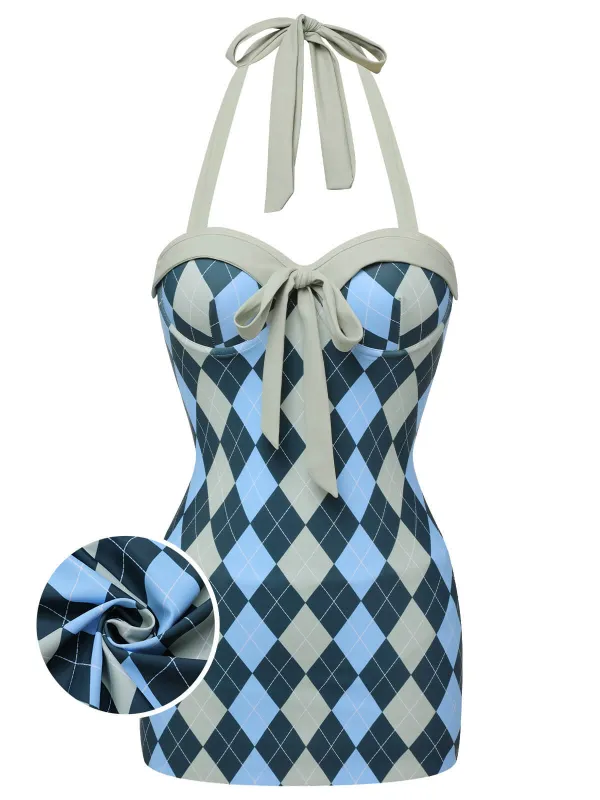 Blue Gray 1950s Argyle Halter One-Piece Swimsuit sold by Retro Stage