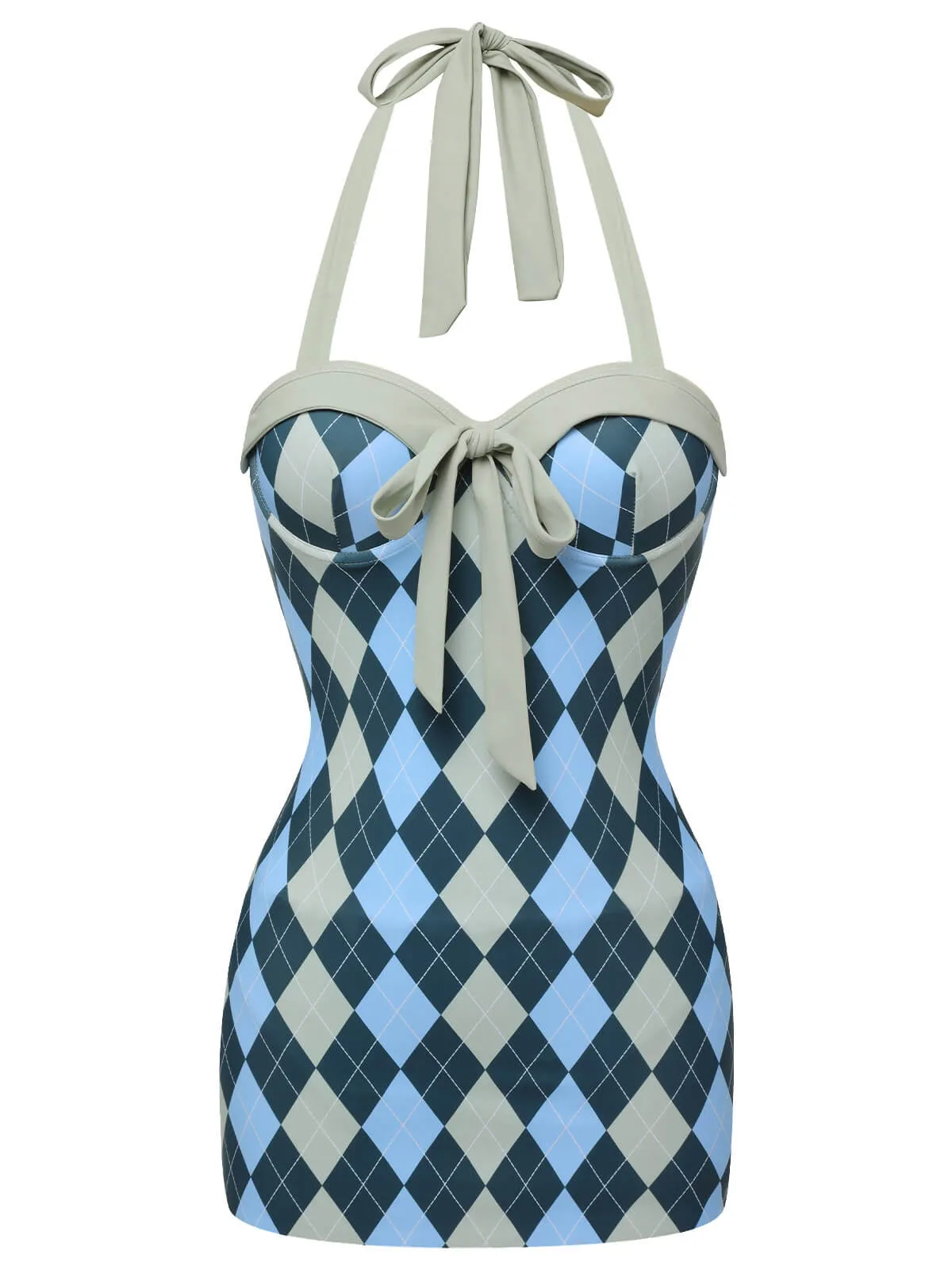 Blue Gray 1950s Argyle Halter One-Piece Swimsuit sold by Retro Stage product image thumbnail 2
