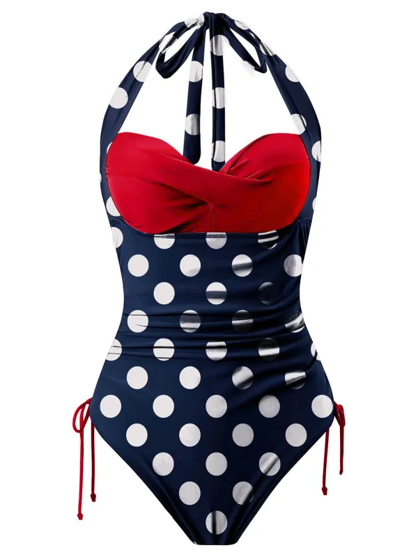 Blue & Red 1950s Polka Dots Halter Swimsuit sold by Retro Stage