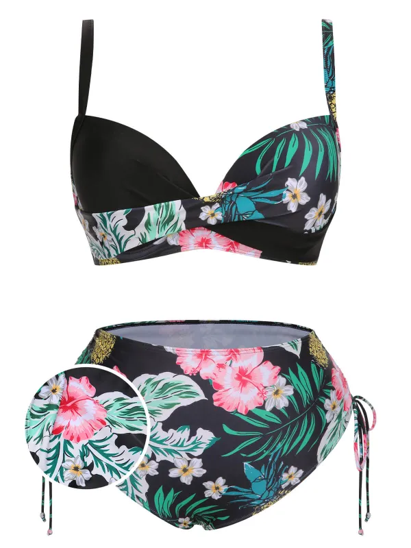 [Plus Size] 1940S Tropical Plant Patchwork Lace-Up Swimsuit sold by Retro Stage