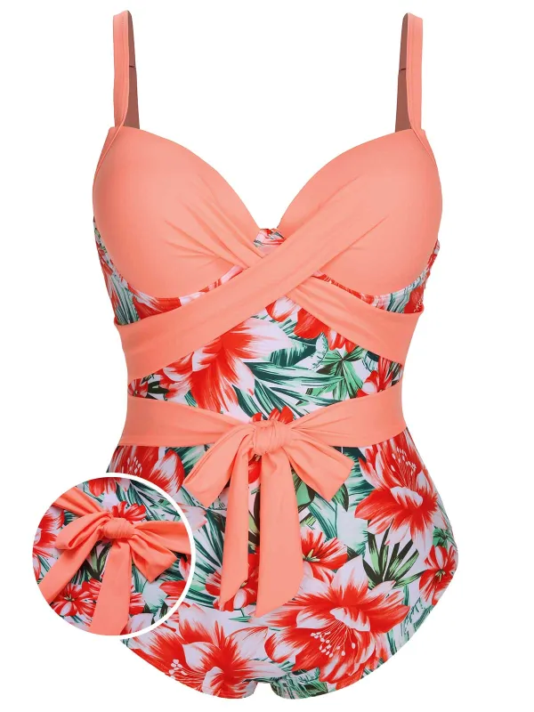 [Plus Size] 1940s Strap Flowers One-Piece Swimsuit sold by Retro Stage