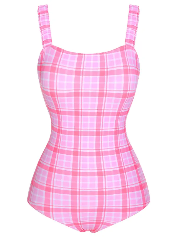 1950s Plaid Elastic Gathers One-Piece Swimsuit sold by Retro Stage