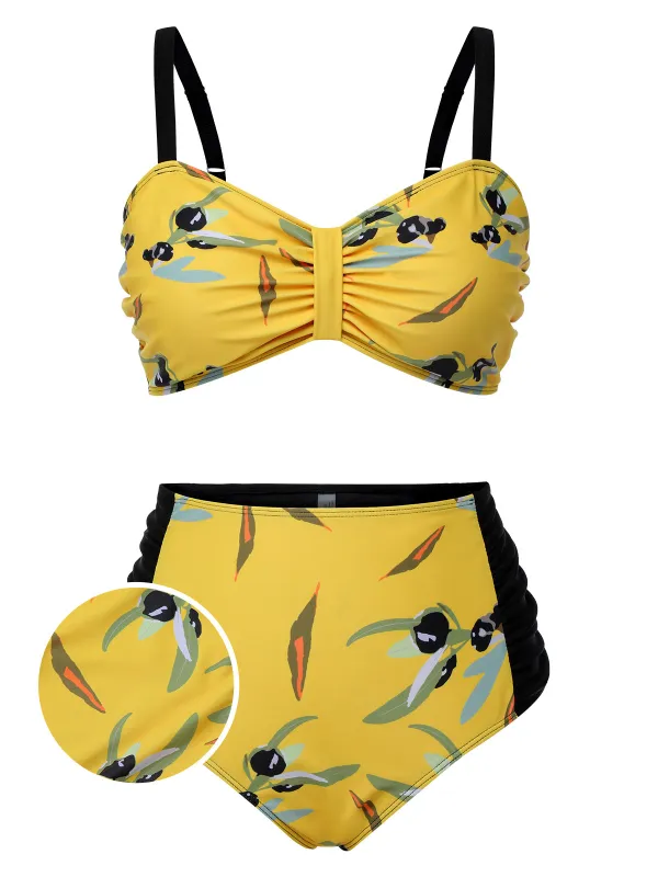 [Plus Size] Yellow 1930s Contrast Floral Strap Swimsuit sold by Retro Stage