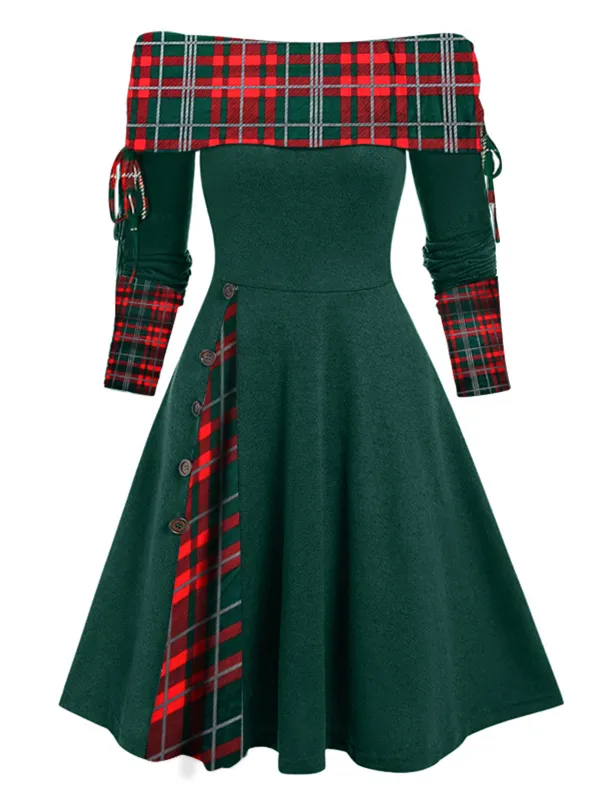 1950s Plaid Patchwork Lace-Up Off-Shoulder Dress sold by Retro Stage