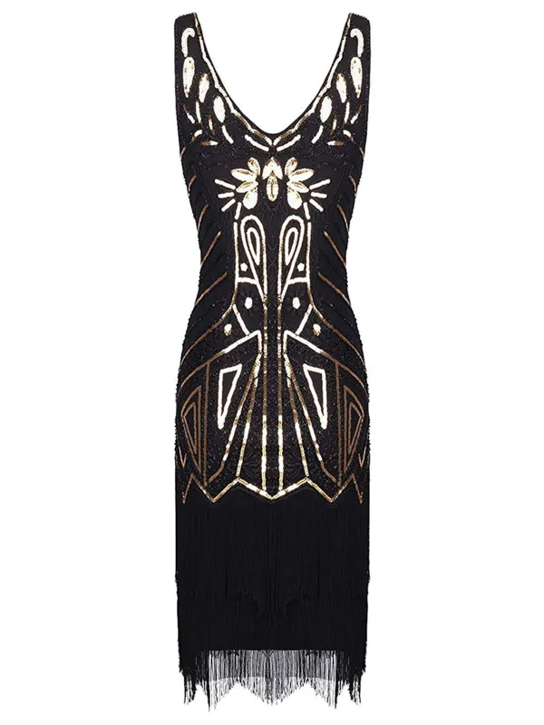 US Only Black 1920sSequin Fringed Flapper Dress sold by Retro Stage
