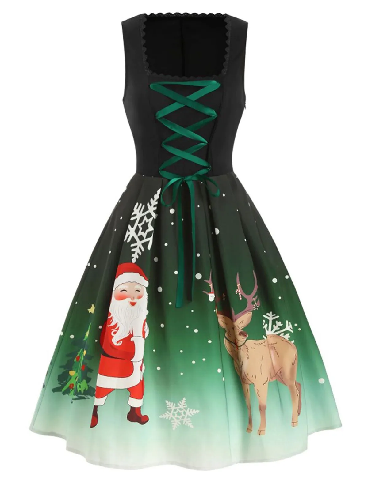 Dark Green 1950s Lace Up Christmas Dress sold by Retro Stage product image thumbnail 2
