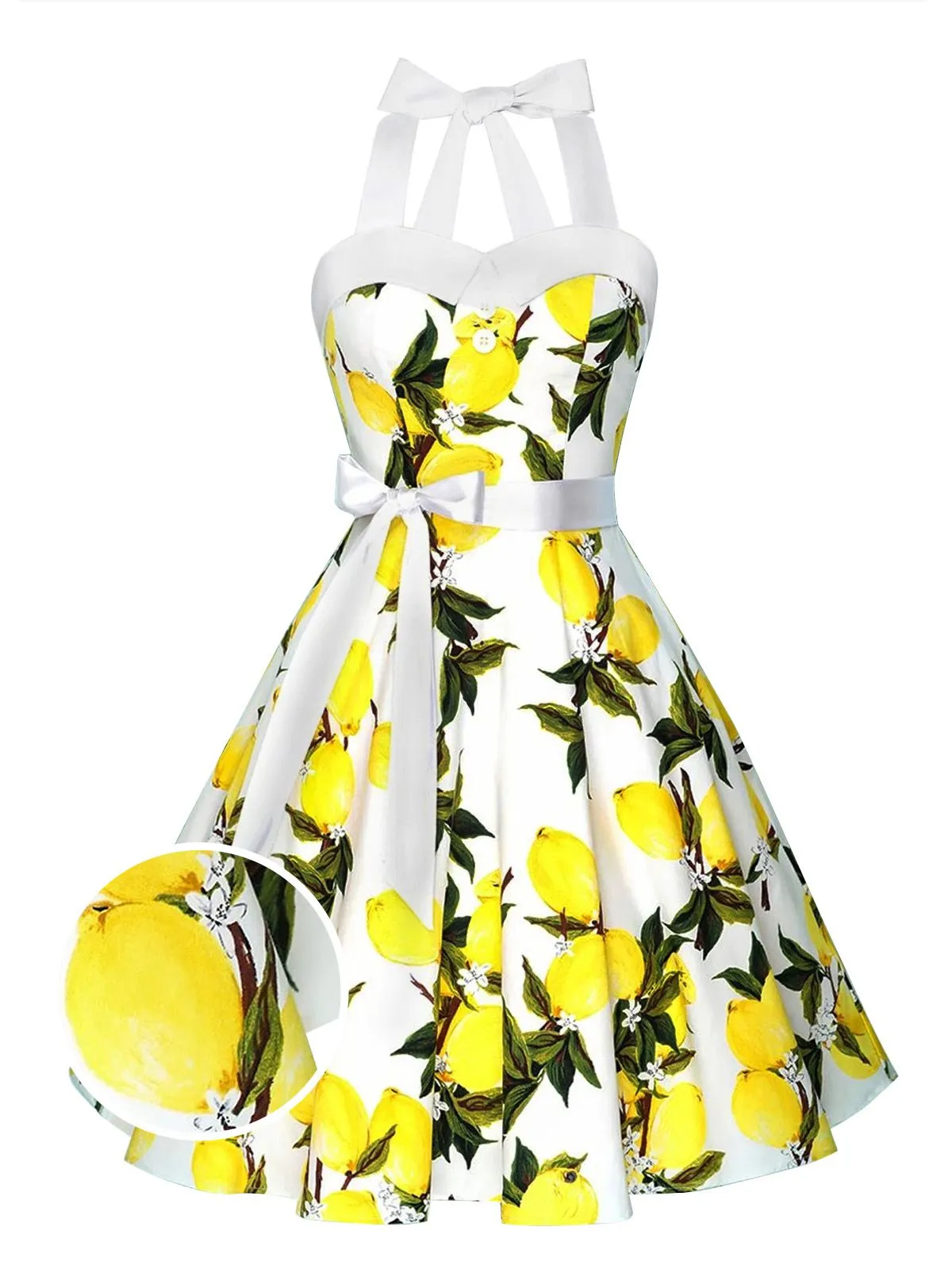 White 1950s Lemon Halter Swing Dress sold by Retro Stage