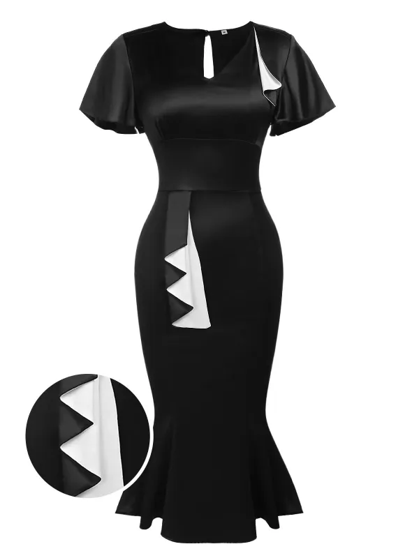 Black 1960s Patchwork Fishtail Bodycon Dress sold by Retro Stage