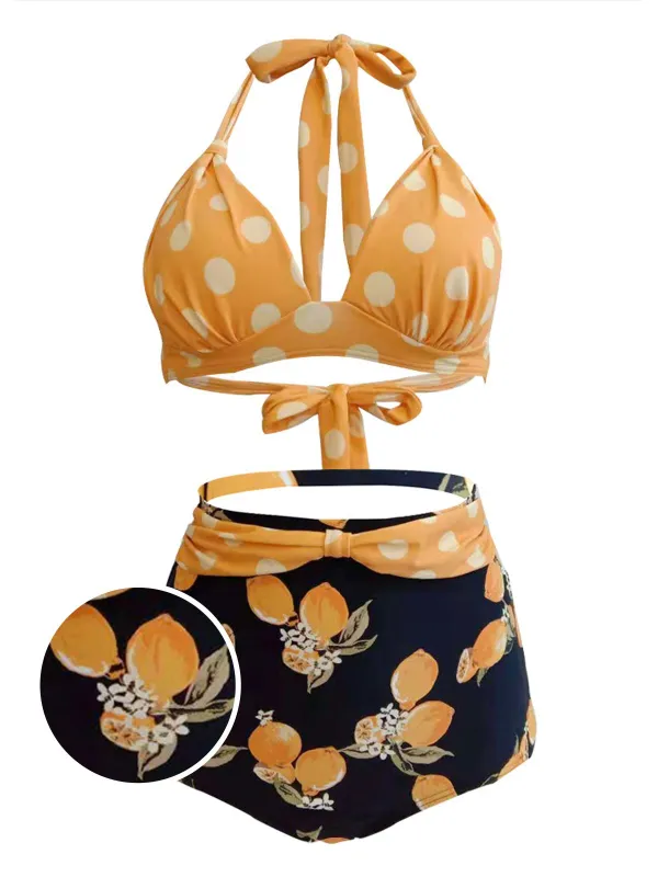 1950s Lemon Polka Dot Halter Bikini sold by Retro Stage