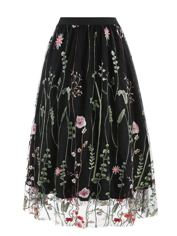 1950s Floral Embroidered Mesh Skirt sold by Retro Stage