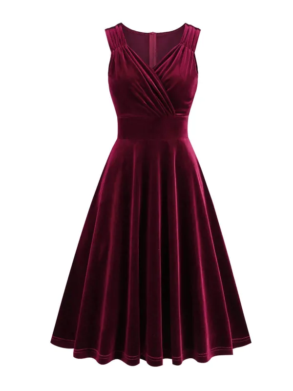 1950s Solid V-Neck Pleated Velvet Dress sold by Retro Stage