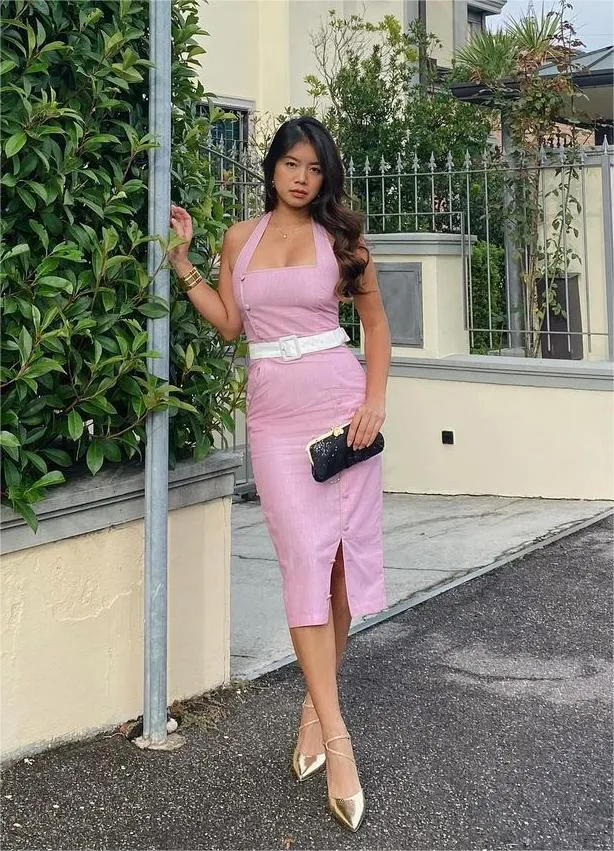 Pink 1960s Halter Stripes Belted Bodycon Dress sold by Retro Stage product image thumbnail 5