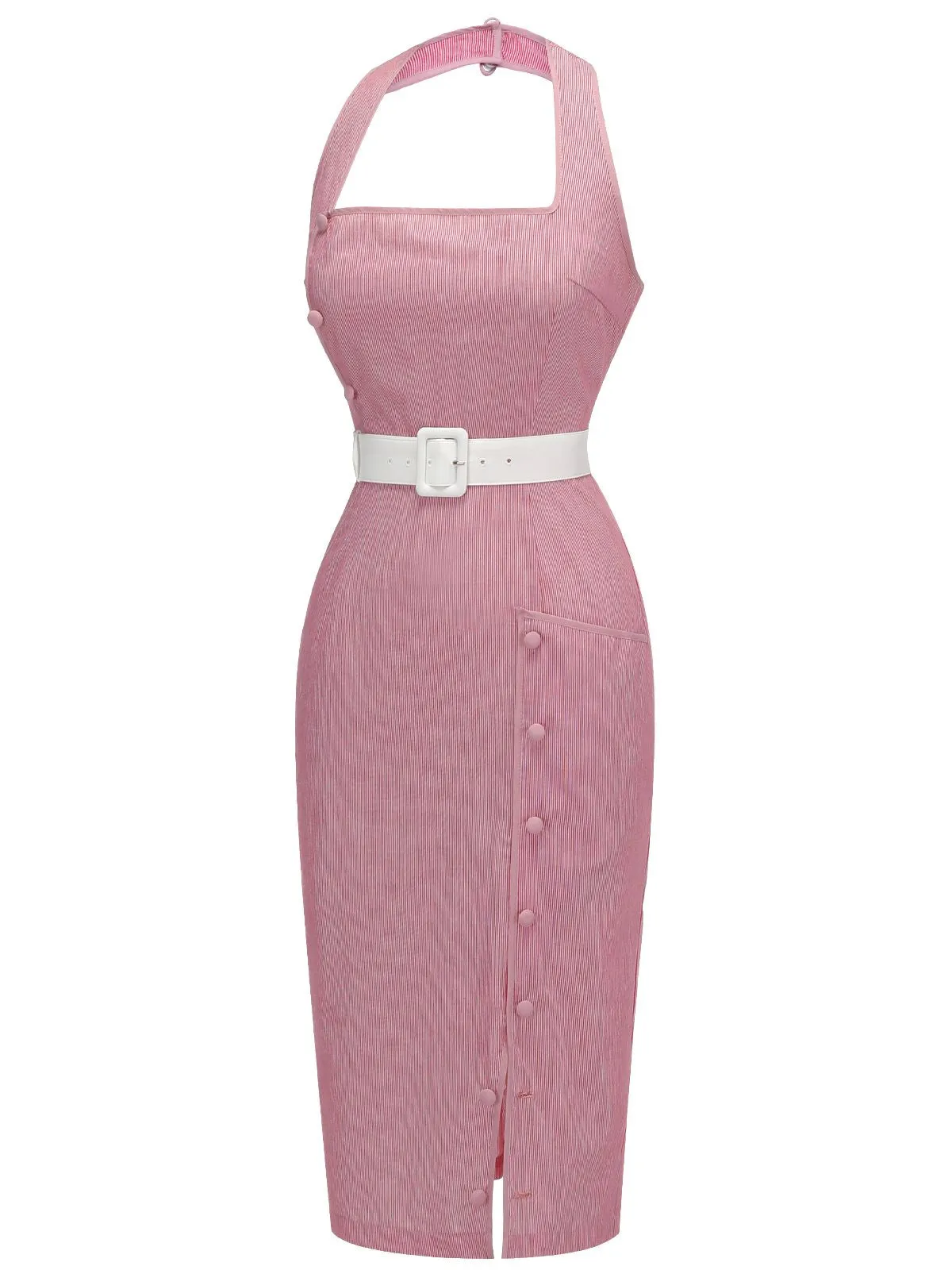 Pink 1960s Halter Stripes Belted Bodycon Dress sold by Retro Stage product image thumbnail 4