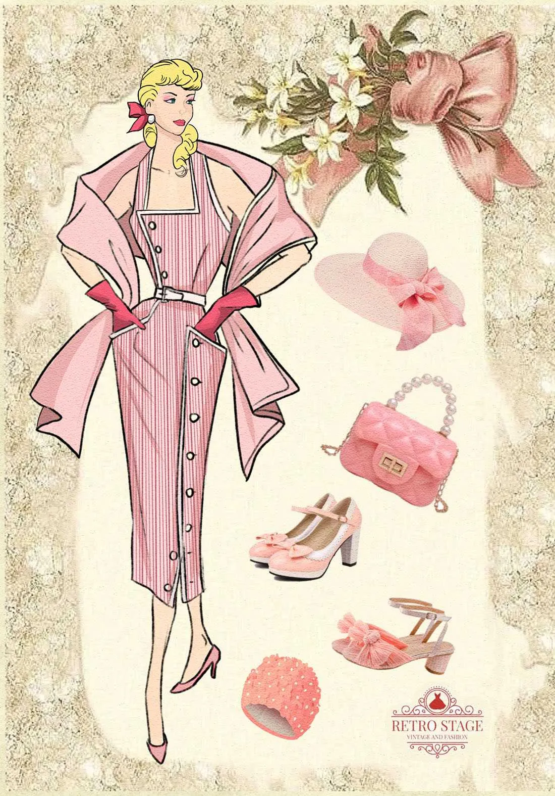 Pink 1960s Halter Stripes Belted Bodycon Dress sold by Retro Stage product image thumbnail 2