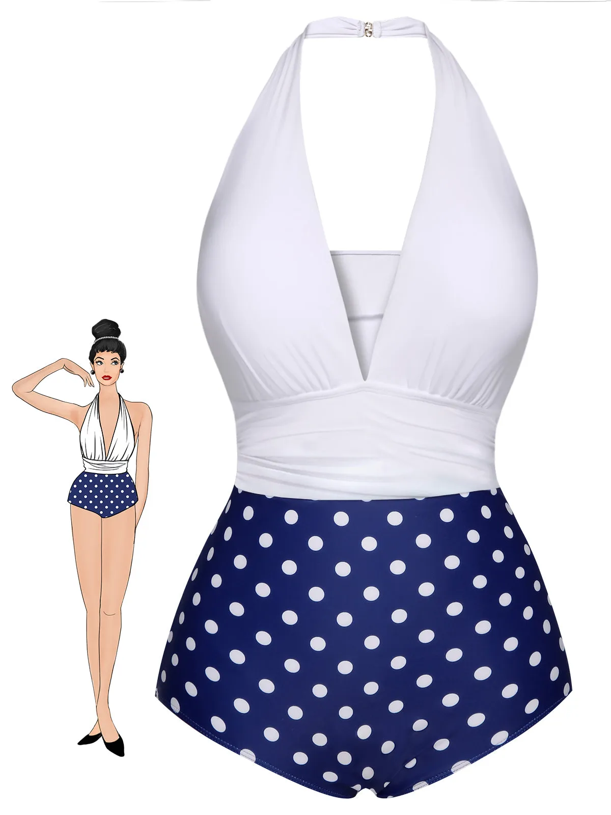 Blue & White 1950s Polka Dots Halter Swimsuit sold by Retro Stage