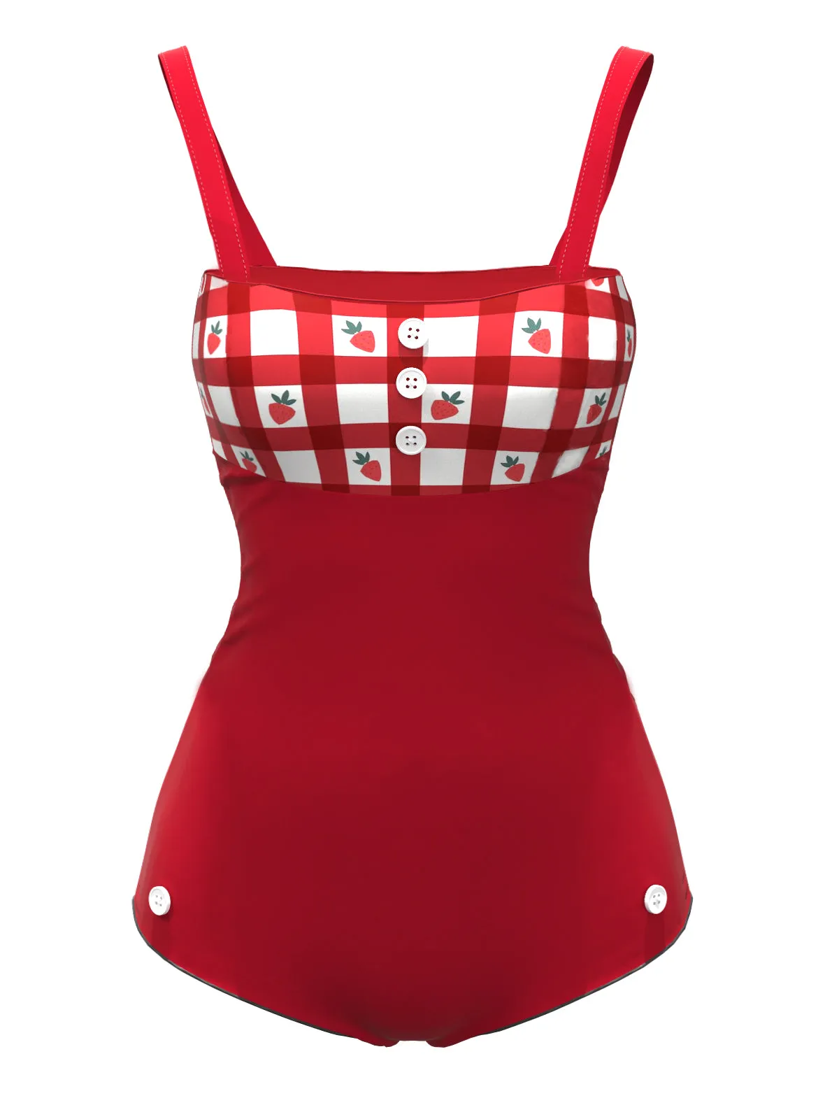 Red 1950s Strawberry Plaid Suspender Swimsuit sold by Retro Stage
