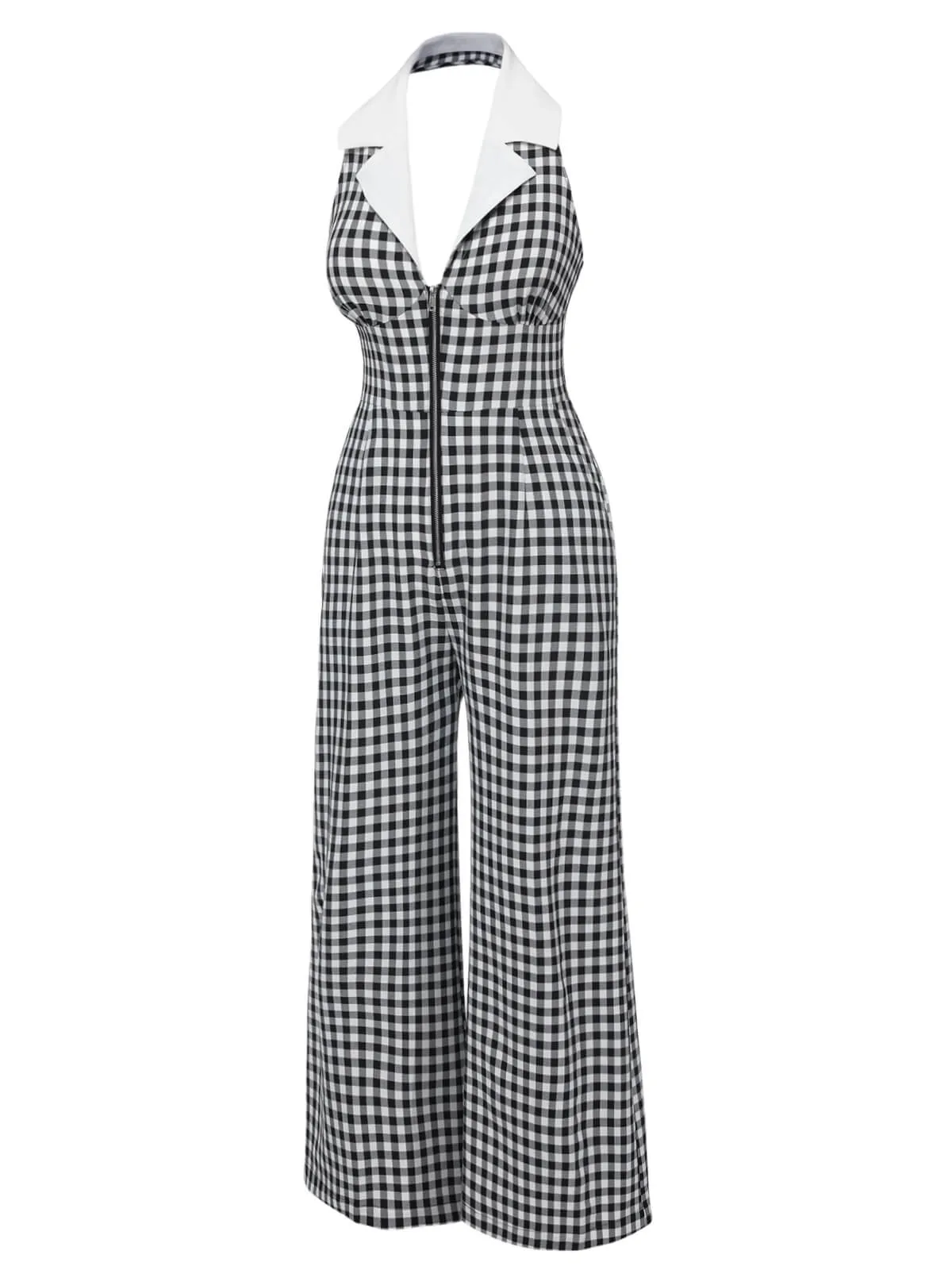 Black White 1940s Plaid Lapel Halter Jumpsuit sold by Retro Stage product image thumbnail 3