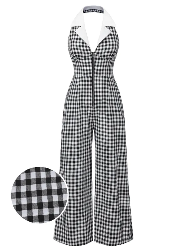 Black White 1940s Plaid Lapel Halter Jumpsuit sold by Retro Stage