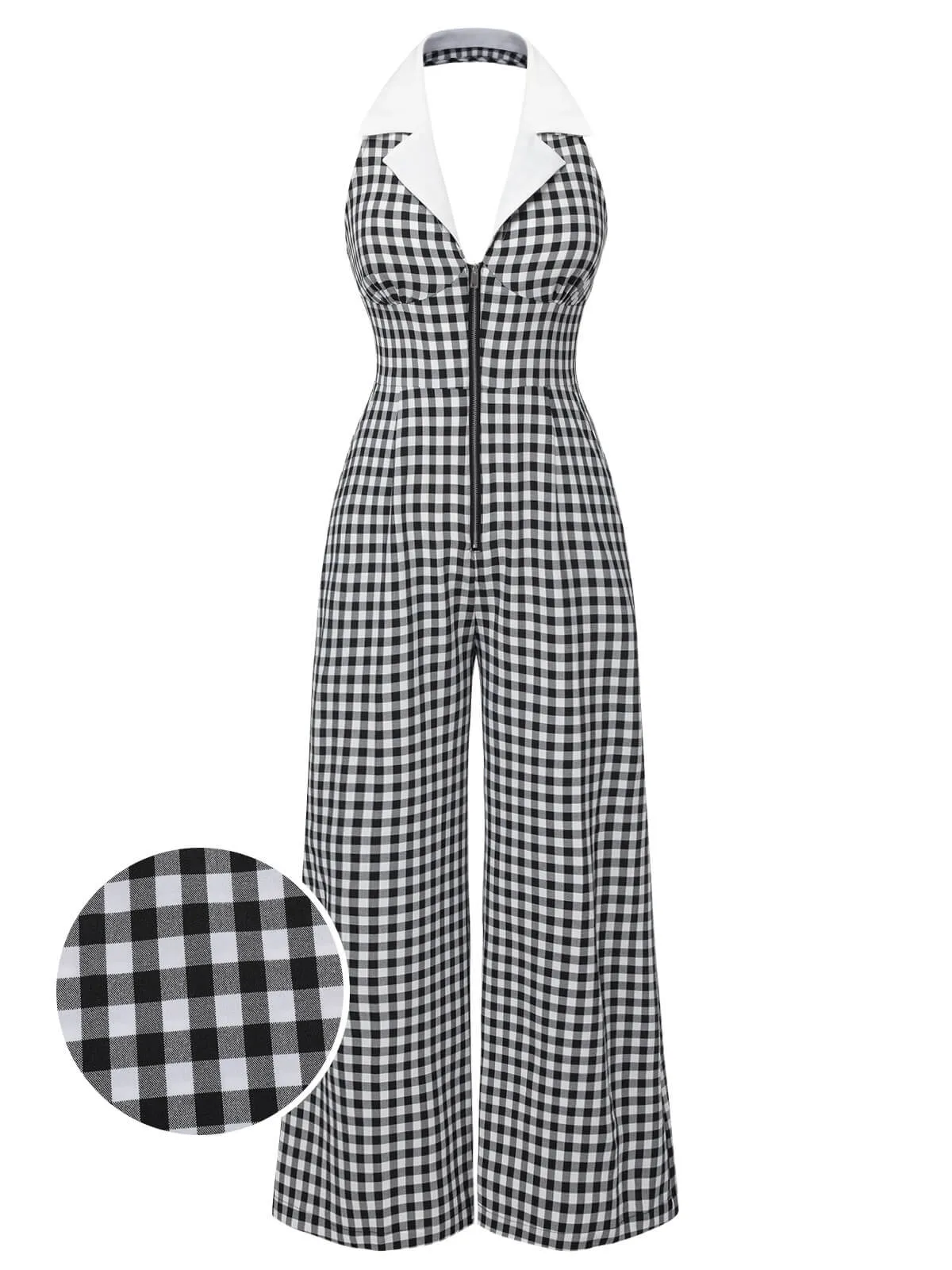 Black White 1940s Plaid Lapel Halter Jumpsuit sold by Retro Stage
