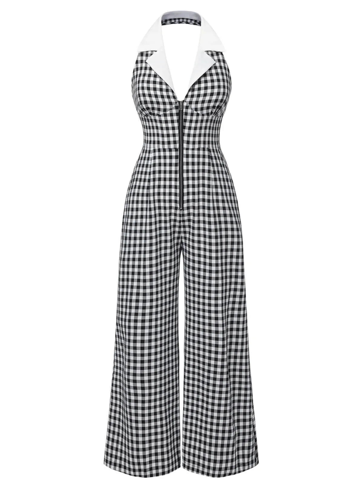 Black White 1940s Plaid Lapel Halter Jumpsuit sold by Retro Stage product image thumbnail 2