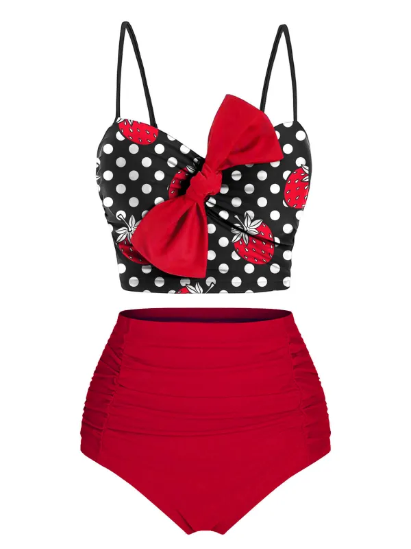 Red & Black 1950s Strawberry Dots Bowknot Swimsuit sold by Retro Stage