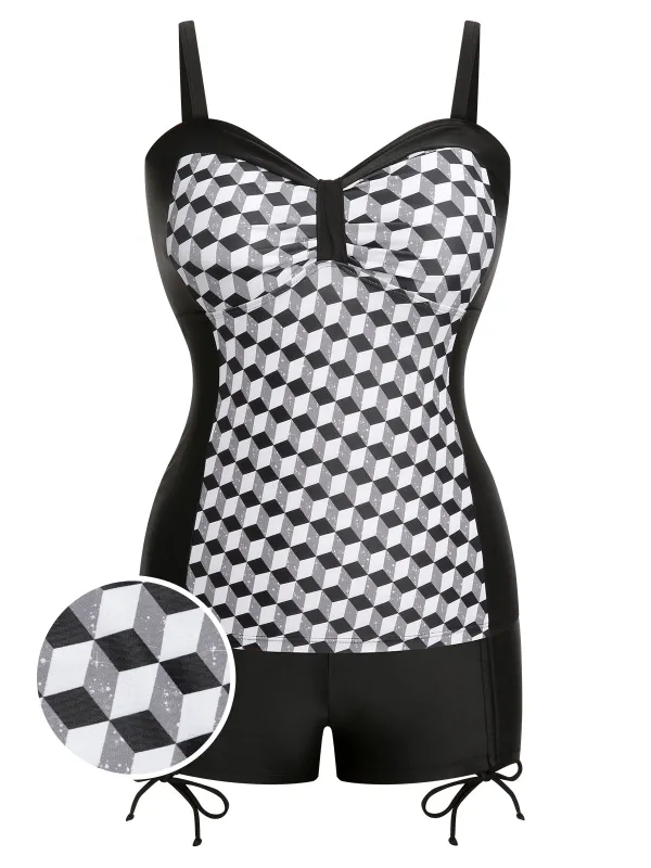 [Plus Size] Black & White 1960s Geometric Lace-Up Swimsuit sold by Retro Stage
