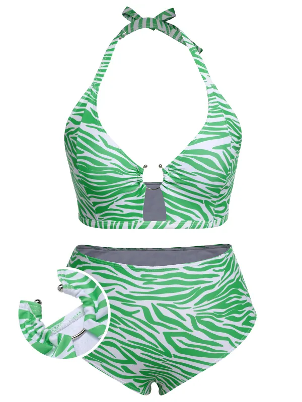 [Plus Size] 1940s Zebra Print Cutout Halter Swimsuit sold by Retro Stage
