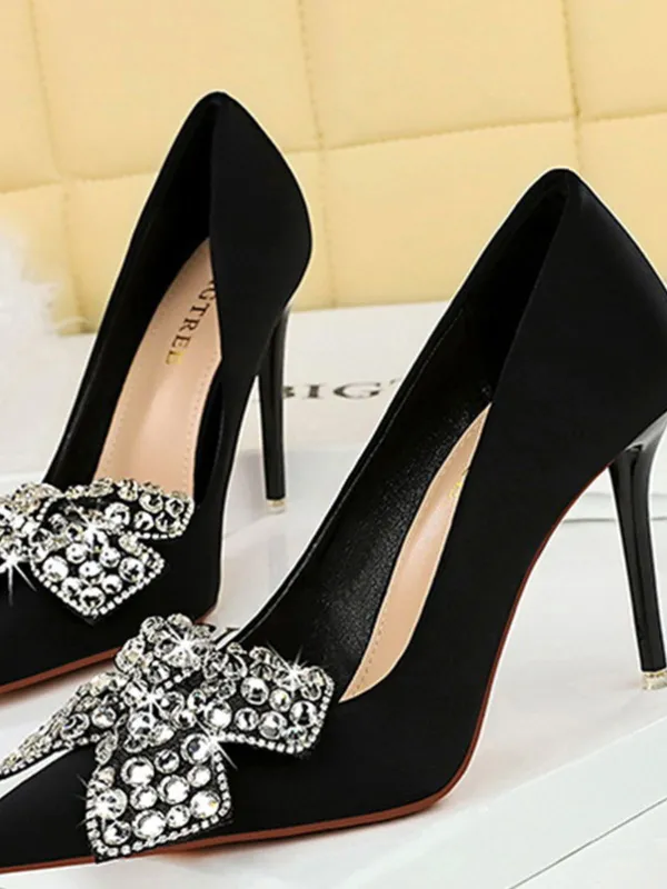 Black Rhinestone Satin Pointed Toe Stiletto Heels sold by Retro Stage